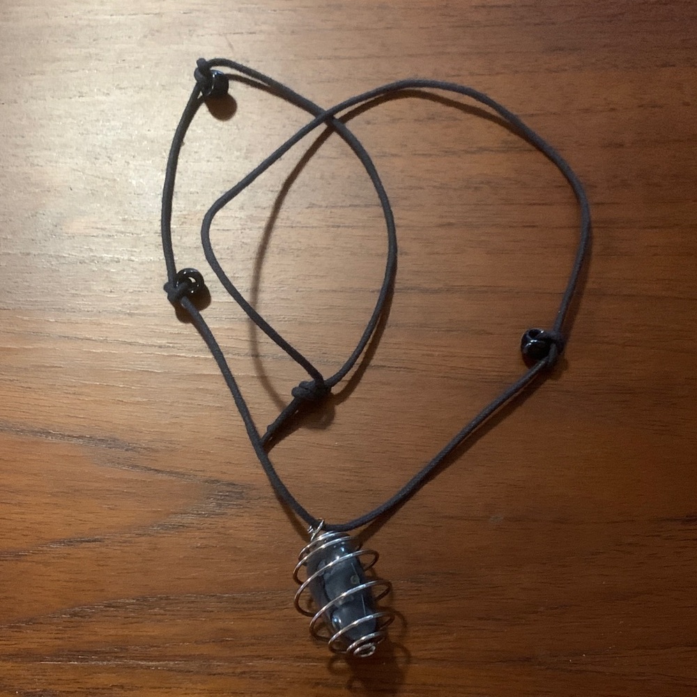 Black Cord Necklace with Wire-Wrapped Stone Pendant